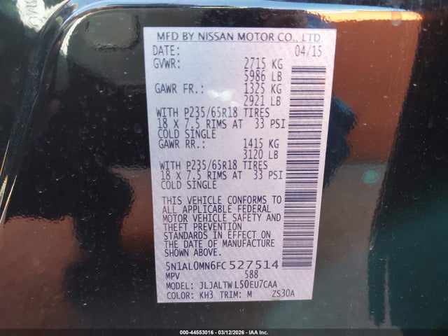 44553016 :رقم المزاد ، 5N1AL0MN6FC527514 vin ، 2015 Infiniti Qx60 مزاد بيع
