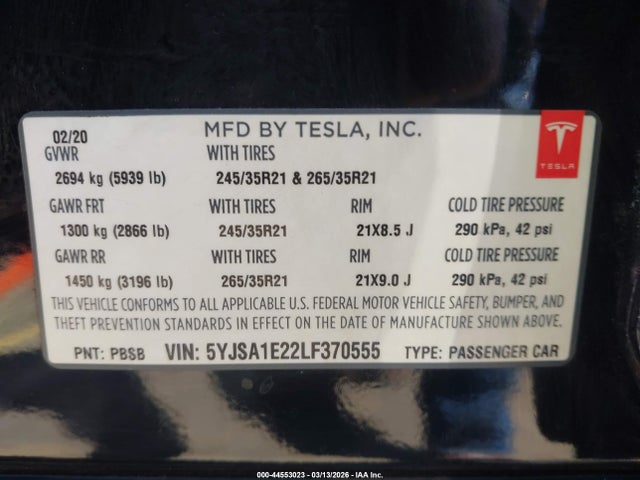 44553023 :رقم المزاد ، 5YJSA1E22LF370555 vin ، 2020 Tesla Model S مزاد بيع