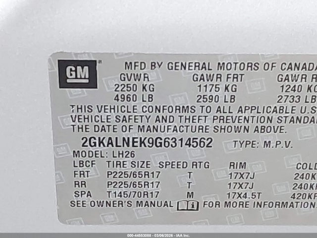 44553088 :رقم المزاد ، 2GKALNEK9G6314562 vin ، 2016 Gmc Terrain Sle-2 مزاد بيع