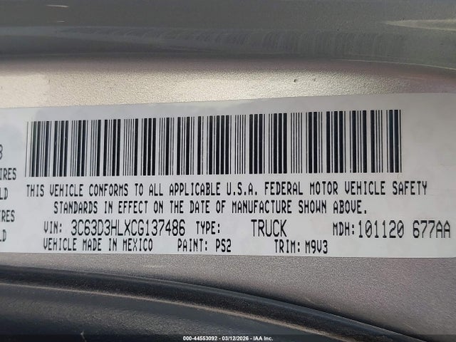 2012 Ram 3500 Slt მანქანა იყიდება აუქციონზე, vin: 3C63D3HLXCG137486, აუქციონის ნომერი: 44553092