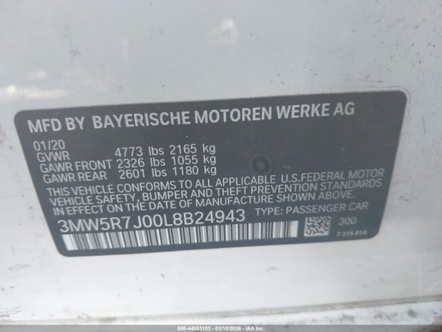 44553103 :رقم المزاد ، 3MW5R7J00L8B24943 vin ، 2020 Bmw 330i Xdrive مزاد بيع