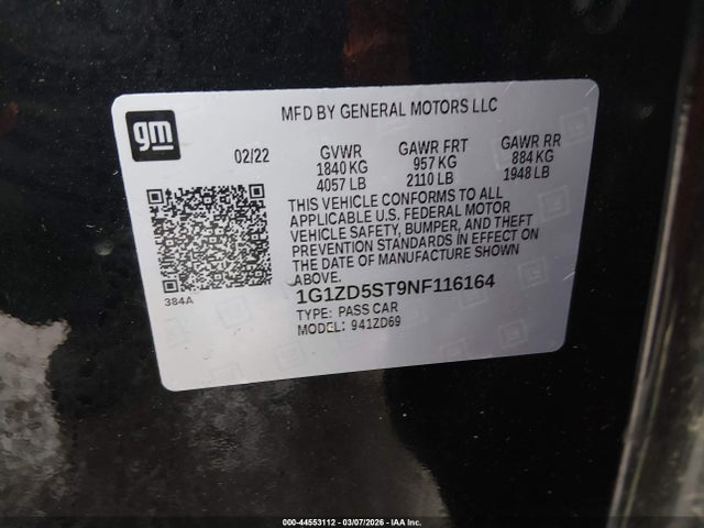 1G1ZD5ST9NF116164 Chevrolet Malibu Fwd Lt