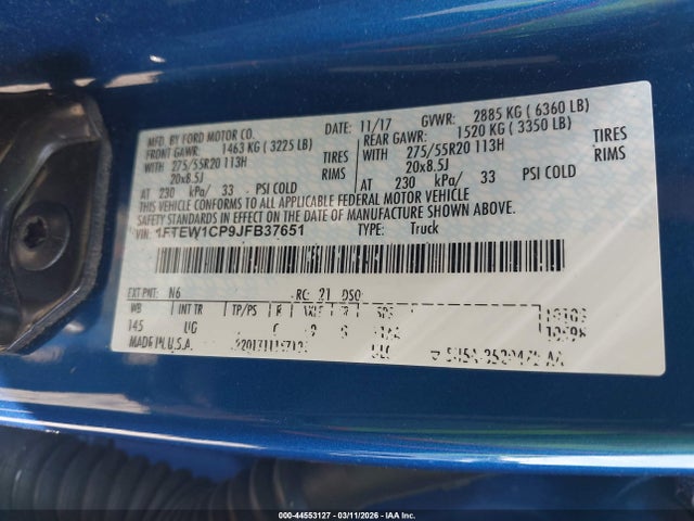 44553127 :رقم المزاد ، 1FTEW1CP9JFB37651 vin ، 2018 Ford F-150 Xlt مزاد بيع