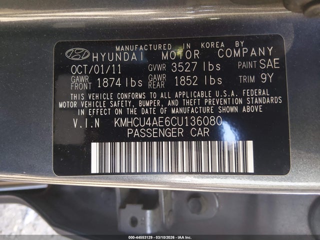 44553129 :رقم المزاد ، KMHCU4AE6CU136080 vin ، 2012 Hyundai Accent Gls مزاد بيع