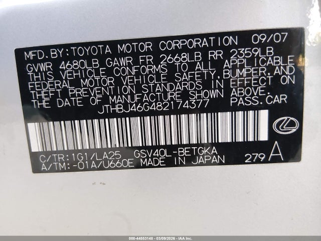 44553148 :رقم المزاد ، JTHBJ46G482174377 vin ، 2008 Lexus Es 350 مزاد بيع