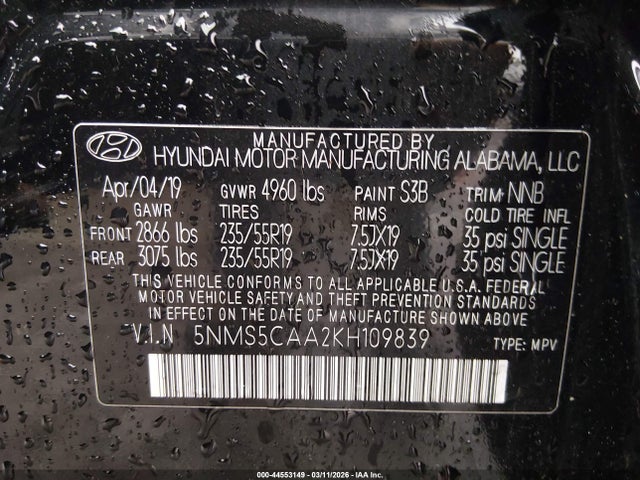 44553149 :رقم المزاد ، 5NMS5CAA2KH109839 vin ، 2019 Hyundai Santa Fe Limited 2.0t مزاد بيع
