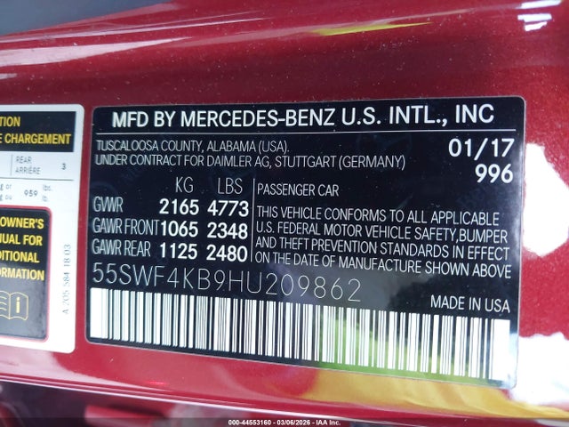 2017 Mercedes-benz C 300 4matic მანქანა იყიდება აუქციონზე, vin: 55SWF4KB9HU209862, აუქციონის ნომერი: 44553160