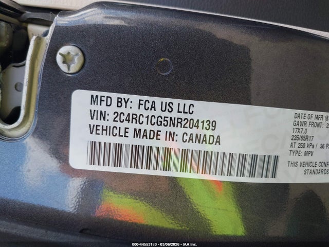 44553180 :رقم المزاد ، 2C4RC1CG5NR204139 vin ، 2022 Chrysler Voyager Lx مزاد بيع