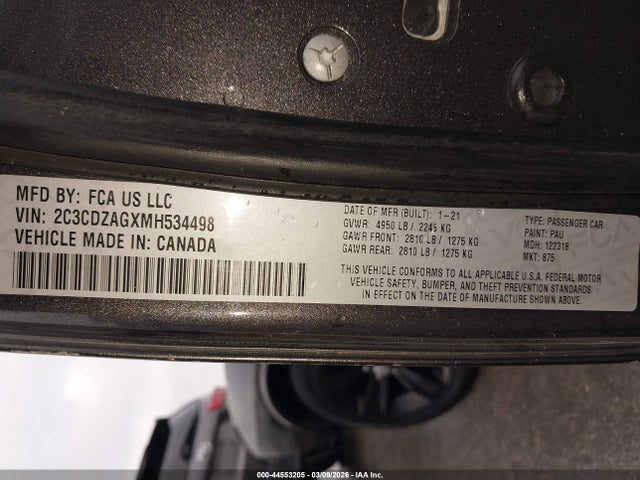 44553205 :رقم المزاد ، 2C3CDZAGXMH534498 vin ، 2021 Dodge Challenger Sxt مزاد بيع