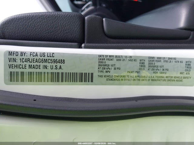 44553207 :رقم المزاد ، 1C4RJEAG6MC596488 vin ، 2021 Jeep Grand Cherokee Laredo X 4x2 مزاد بيع