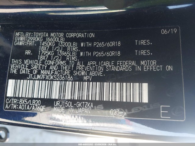 Aukcja sprzedaży 2019 Lexus Gx 460 Luxury, vin: JTJJM7FX0K5236186, numer aukcji: 44553252