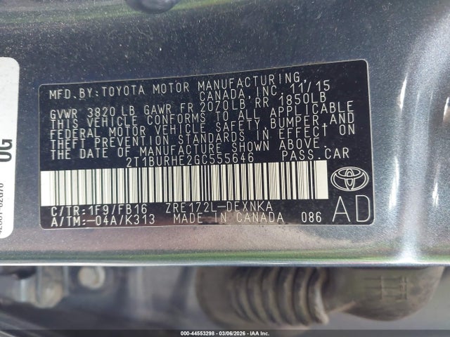 Aukcja sprzedaży 2016 Toyota Corolla Le, vin: 2T1BURHE2GC555646, numer aukcji: 44553298