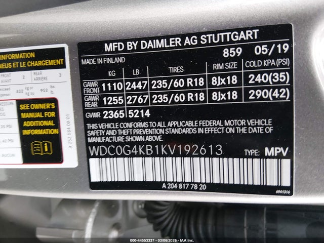 44553337 :رقم المزاد ، WDC0G4KB1KV192613 vin ، 2019 Mercedes-benz Glc 300 4matic مزاد بيع