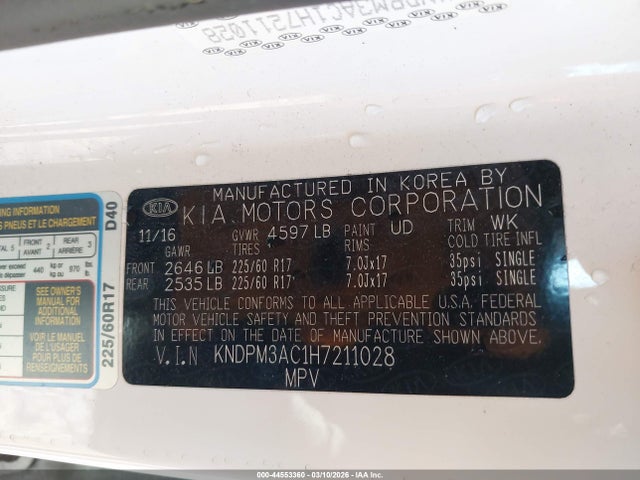 2017 Kia Sportage Lx მანქანა იყიდება აუქციონზე, vin: KNDPM3AC1H7211028, აუქციონის ნომერი: 44553360