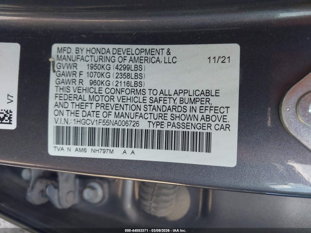 Продаж на аукціоні авто 2022 Honda Accord Ex-l, vin: 1HGCV1F55NA006726, номер лоту: 44553371