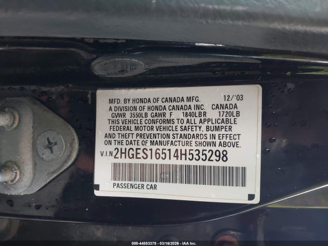 Aukcja sprzedaży 2004 Honda Civic Lx, vin: 2HGES16514H535298, numer aukcji: 44553378