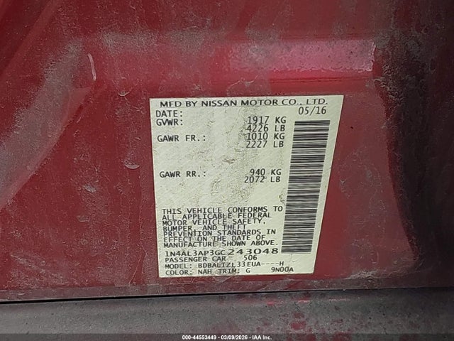 Auction sale of the 2016 Nissan Altima 2.5 Sv, vin: 1N4AL3AP3GC243048, lot number: 44553449