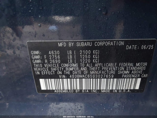 Aukcja sprzedaży 2025 Subaru Legacy Premium, vin: 4S3BWAC65S3027659, numer aukcji: 44553478