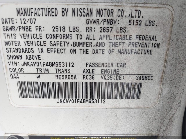 Продаж на аукціоні авто 2008 Infiniti M35x, vin: JNKAY01F48M653112, номер лоту: 44553501