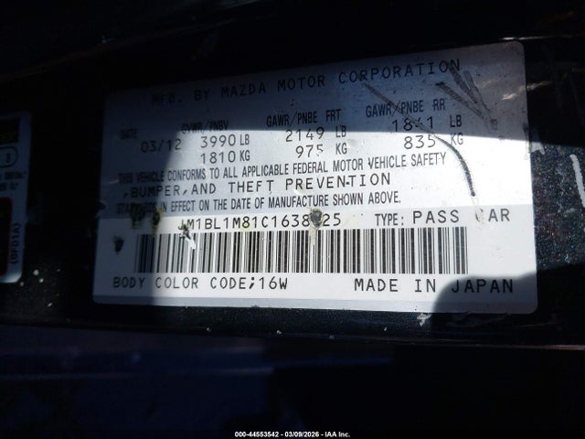 Продаж на аукціоні авто 2012 Mazda Mazda3 I Grand Touring, vin: JM1BL1M81C1638925, номер лоту: 44553542
