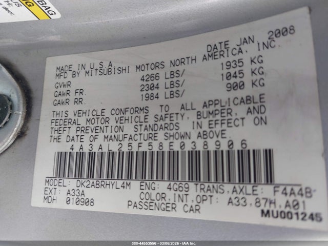 2008 MITSUBISHI ECLIPSE SPYDER 4A3AL25F58E038906 Photo 8