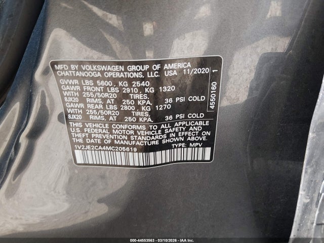 44553563 :رقم المزاد ، 1V2JE2CA4MC205619 vin ، 2021 Volkswagen Atlas Cross Sport 3.6l V6 Se W/technology مزاد بيع