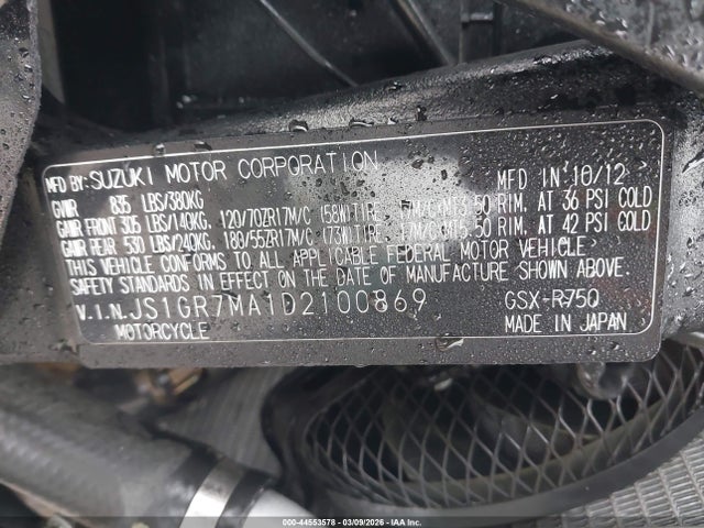 Продаж на аукціоні авто 2013 Suzuki Gsx-r750, vin: JS1GR7MA1D2100869, номер лоту: 44553578