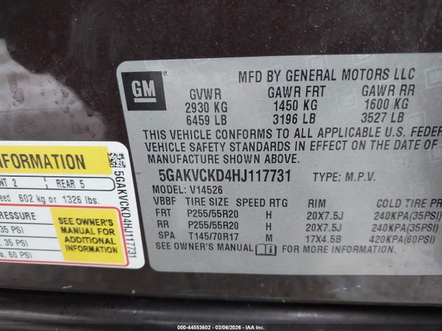 2017 Buick Enclave Premium მანქანა იყიდება აუქციონზე, vin: 5GAKVCKD4HJ117731, აუქციონის ნომერი: 44553602