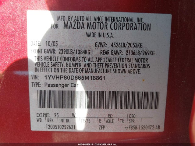 44553613 :رقم المزاد ، 1YVHP80D665M18861 vin ، 2006 Mazda Mazda6 S مزاد بيع