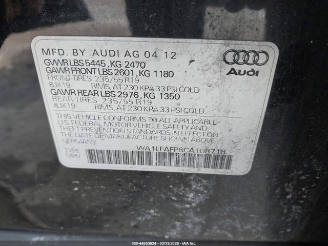 44553624 :رقم المزاد ، WA1LFAFP6CA108718 vin ، 2012 Audi Q5 2.0t Premium مزاد بيع