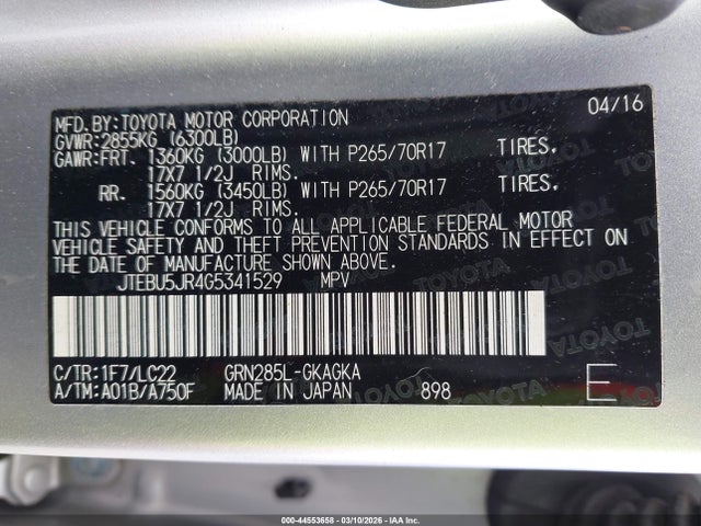 44553658 :رقم المزاد ، JTEBU5JR4G5341529 vin ، 2016 Toyota 4runner Trail Premium مزاد بيع
