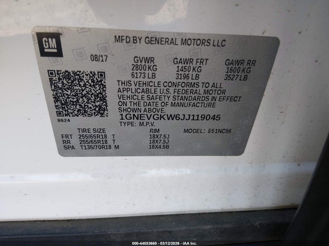 1GNEVGKW6JJ119045 Chevrolet Traverse 1lt
