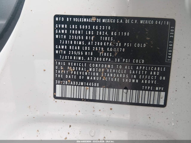 Продаж на аукціоні авто 2018 Volkswagen Tiguan, vin: 3VV2B7AX0JM144588, номер лоту: 44553694