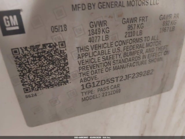 44553697 :رقم المزاد ، 1G1ZD5ST2JF239282 vin ، 2018 Chevrolet Malibu Lt مزاد بيع