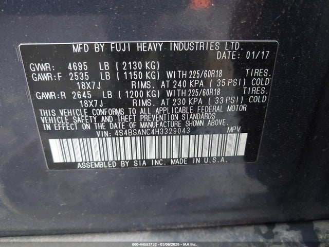 Продаж на аукціоні авто 2017 Subaru Outback 2.5i Limited, vin: 4S4BSANC4H3329043, номер лоту: 44553732