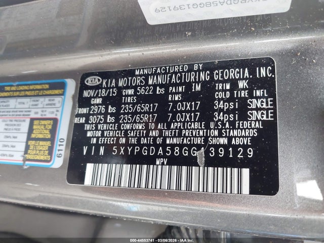 5XYPGDA58GG139129 KIA Sorento 3.3l Lx