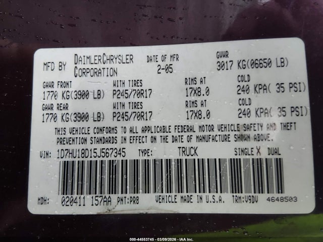 44553745 :رقم المزاد ، 1D7HU18D15J567345 vin ، 2005 Dodge Ram 1500 Slt/laramie مزاد بيع