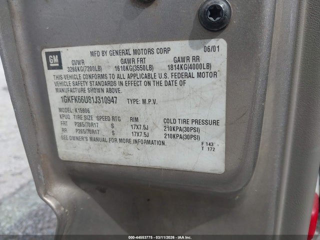 Продаж на аукціоні авто 2001 Gmc Yukon Xl 1500 Denali, vin: 1GKFK66U81J310947, номер лоту: 44553775