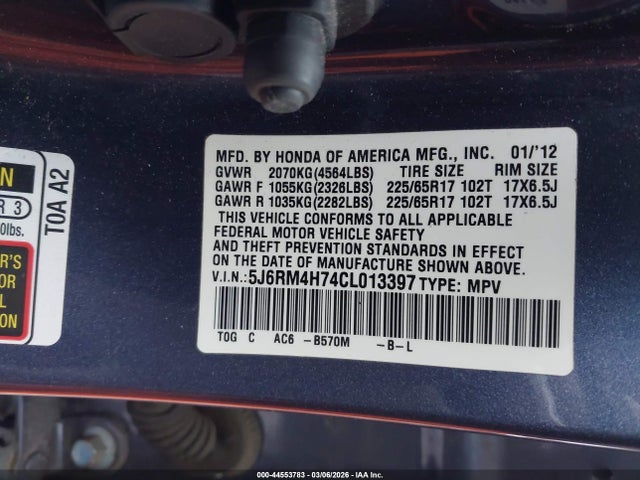 44553783 :رقم المزاد ، 5J6RM4H74CL013397 vin ، 2012 Honda Cr-v Ex-l مزاد بيع