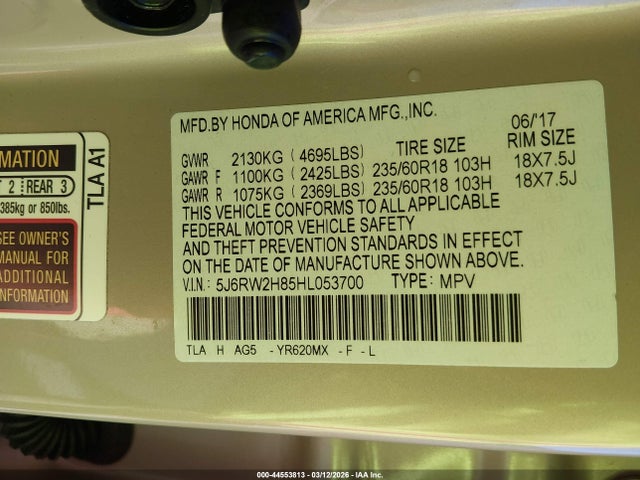 Продаж на аукціоні авто 2017 Honda Cr-v Ex-l/ex-l Navi, vin: 5J6RW2H85HL053700, номер лоту: 44553813