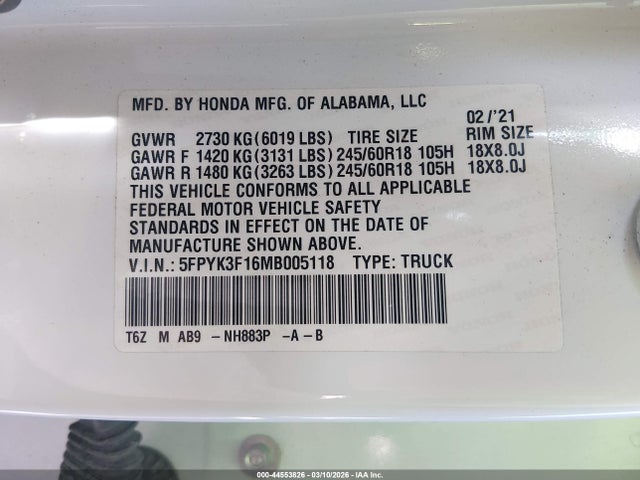 2021 Honda Ridgeline Awd Sport მანქანა იყიდება აუქციონზე, vin: 5FPYK3F16MB005118, აუქციონის ნომერი: 44553826
