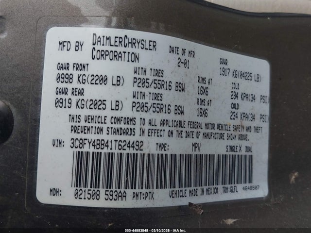 Aukcja sprzedaży 2001 Chrysler Pt Cruiser, vin: 3C8FY4BB41T624492, numer aukcji: 44553848