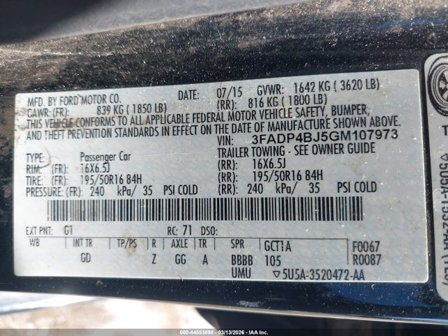 44553898 :رقم المزاد ، 3FADP4BJ5GM107973 vin ، 2016 Ford Fiesta Se مزاد بيع