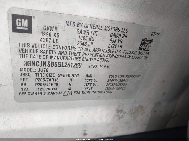 Chevrolet Trax 1ls 2016 3GNCJNSB6GL261269 Image 9