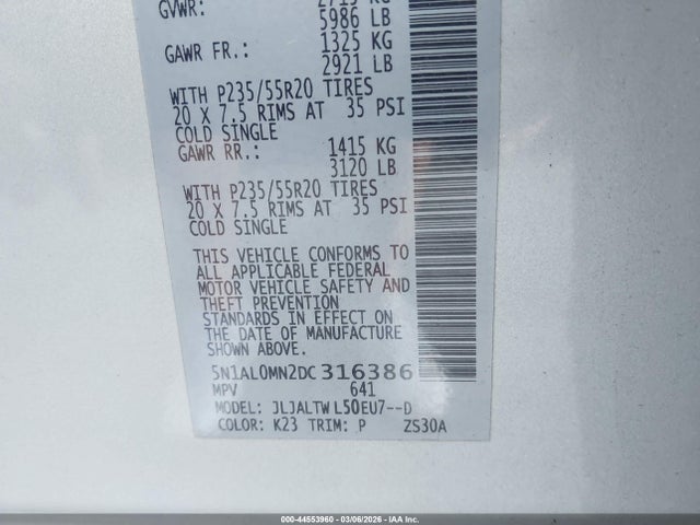 44553960 :رقم المزاد ، 5N1AL0MN2DC316386 vin ، 2013 Infiniti Jx35 مزاد بيع