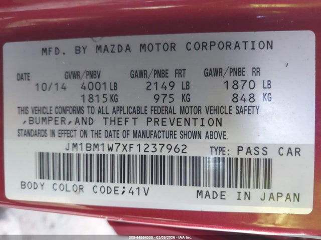 Продажа на аукционе авто 2015 Mazda Mazda3 I Grand Touring, vin: JM1BM1W7XF1237962, номер лота: 44554000