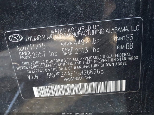 44554017 :رقم المزاد ، 5NPE24AF1GH286268 vin ، 2016 Hyundai Sonata Se مزاد بيع