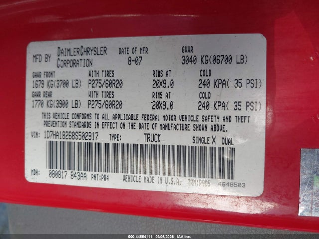 Aukcja sprzedaży 2008 Dodge Ram 1500 Slt, vin: 1D7HA18268S502917, numer aukcji: 44554111