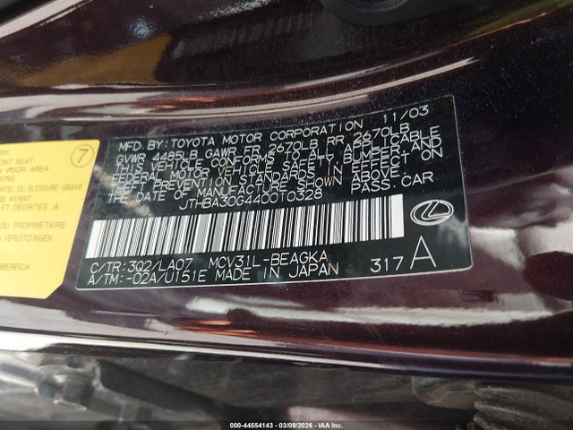 Продажа на аукционе авто 2004 Lexus Es 330, vin: JTHBA30G440010328, номер лота: 44554143