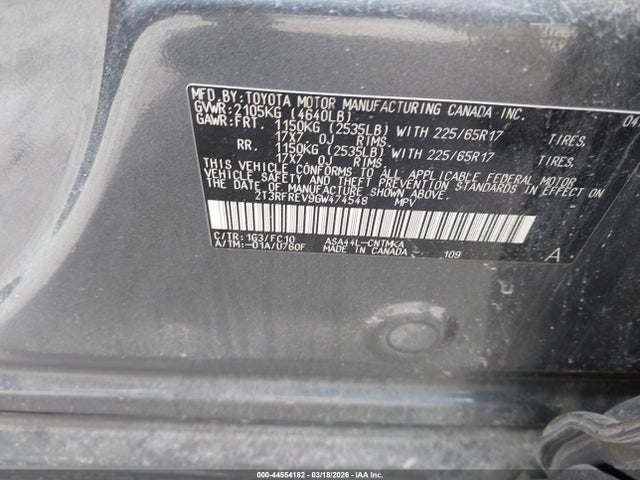 44554182 :رقم المزاد ، 2T3RFREV9GW474548 vin ، 2016 Toyota Rav4 Xle مزاد بيع